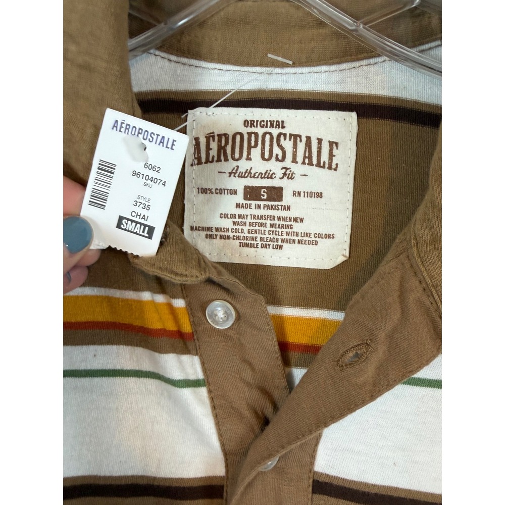NWT Aeropostale Mens Small Brown Striped Short Sleeve Polo Shirt Retro 70s Prep - Picture 2 of 6